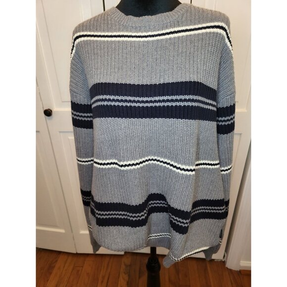 Men Gray/Navy Stripe Chunky Cable Knit Sweater XXL Academia Preppy Nautical - Picture 1 of 6